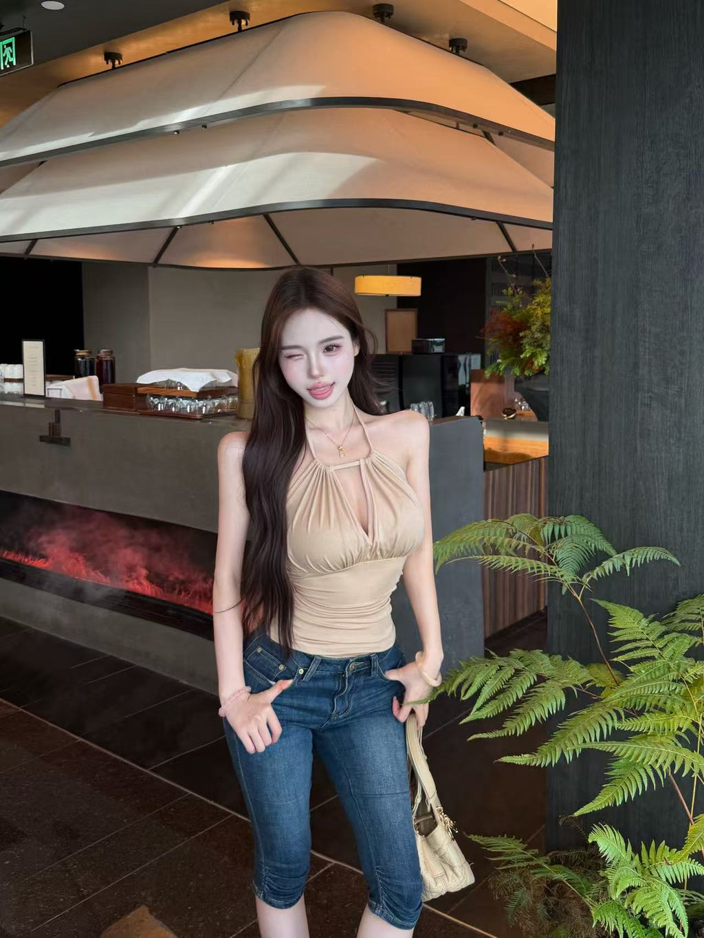 💕春夏掛脖抽繩可調節吊帶背心