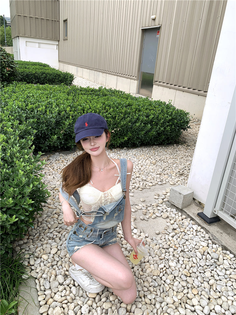 💕活潑俏皮百搭牛仔背帶短褲