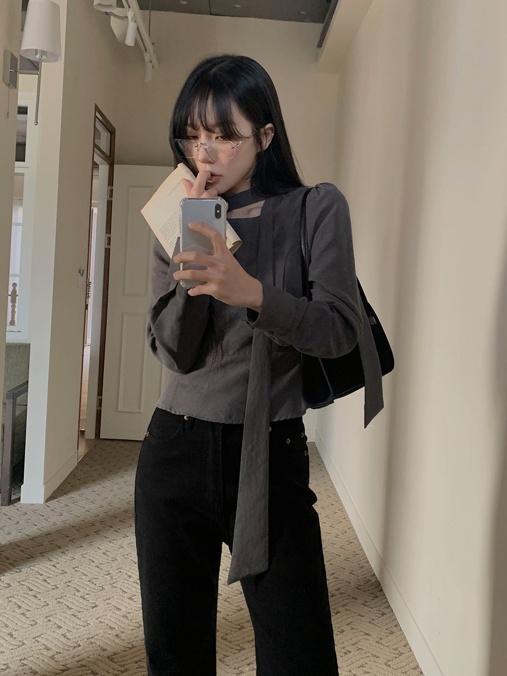 💕ins溫柔飄帶蝴蝶結泡泡袖修身顯瘦上衣