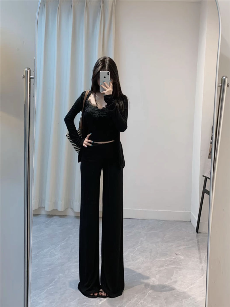 💕溫柔帶胸墊蕾絲吊帶休閒三件套