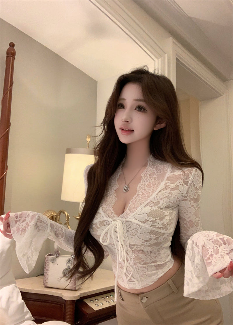 💕百搭黑色鏤空純欲V領蕾絲衫