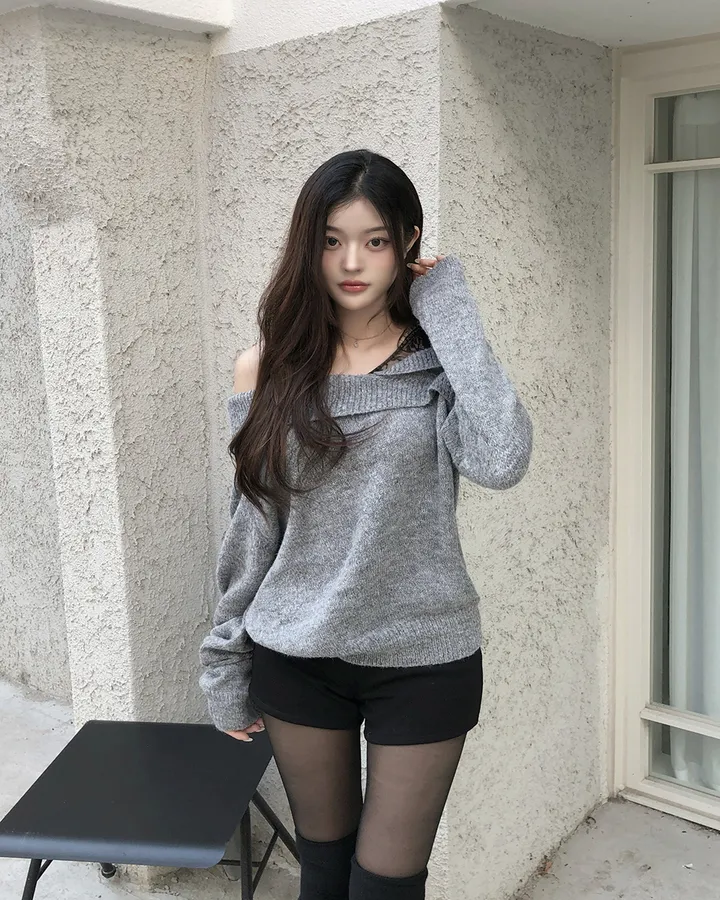 💕chic秋季假兩件蕾絲花邊打底一字肩針織上衣