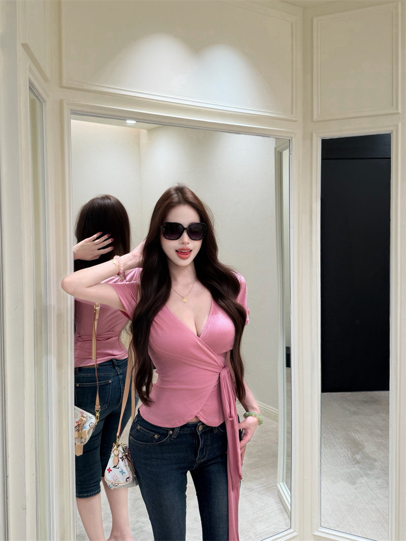 💕氣質優雅交叉V領綁帶T袖上衣