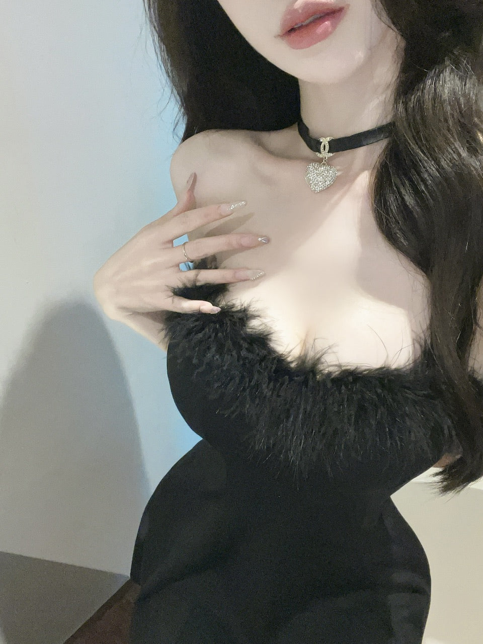 💕法式性感毛毛拼接抹胸大擺連衣裙