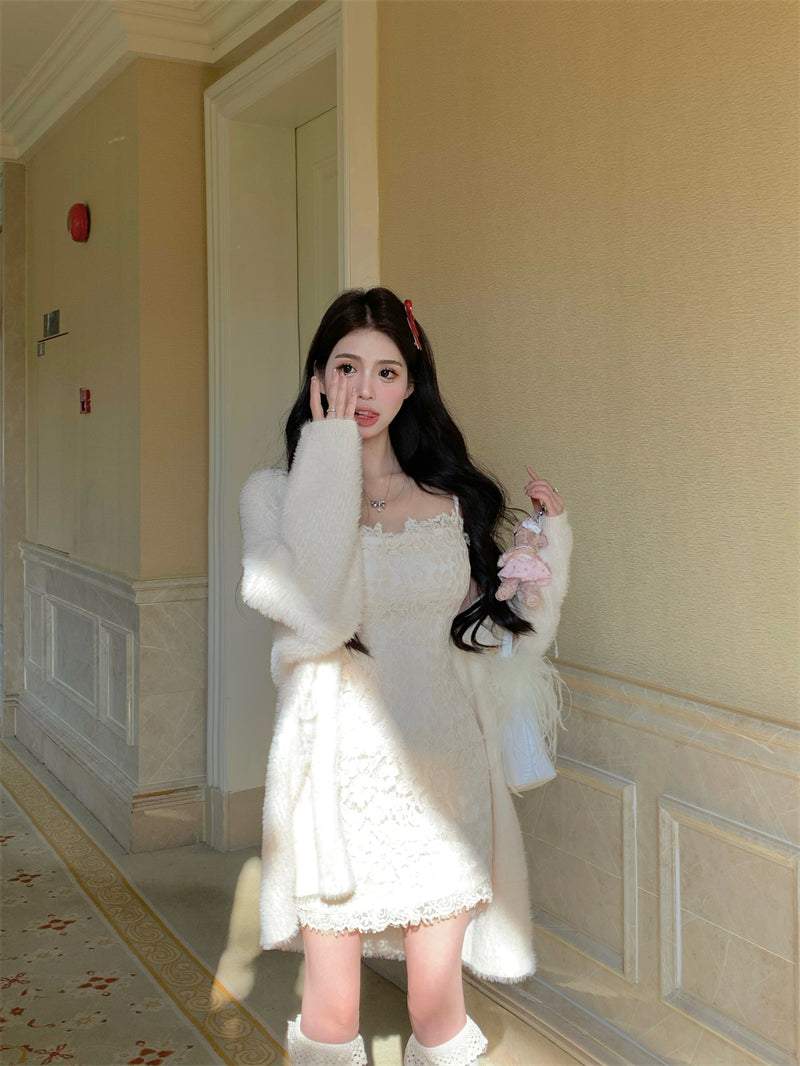 💕溫柔秋冬慵懶風修身蕾絲吊帶裙開衫兩件套