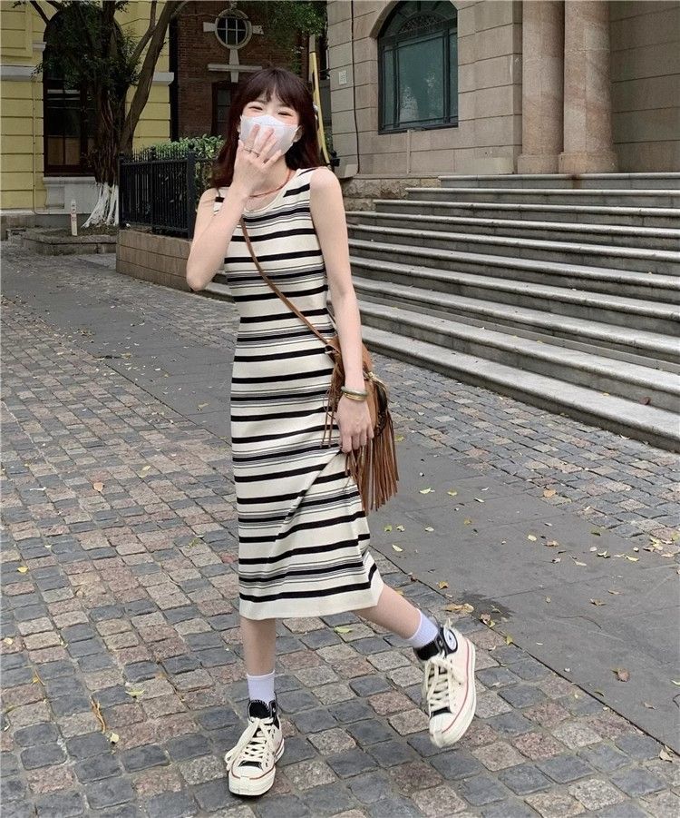 💕韓系休閒條紋背心中長修身無袖連身裙