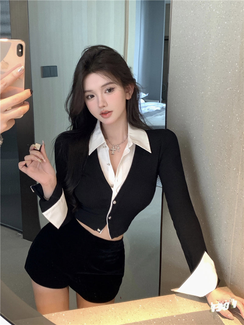 💕純御辣妹修身短款黑色假兩件長袖襯衫