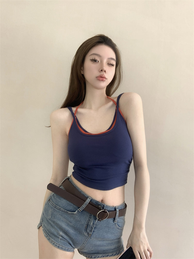 💕春夏熱辣假兩件帶胸墊吊帶背心