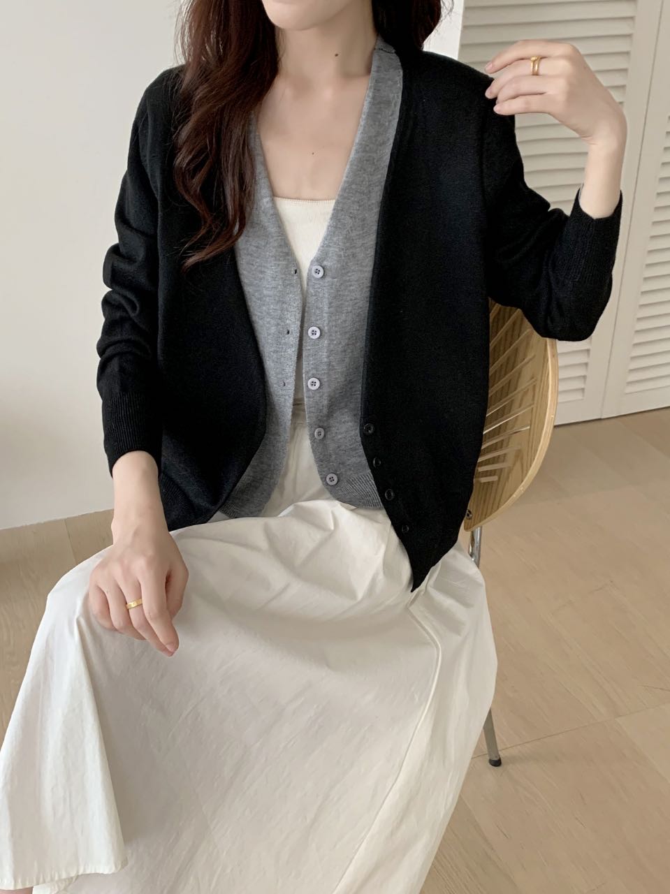 💕羊毛假兩件V領針織短版修身衫