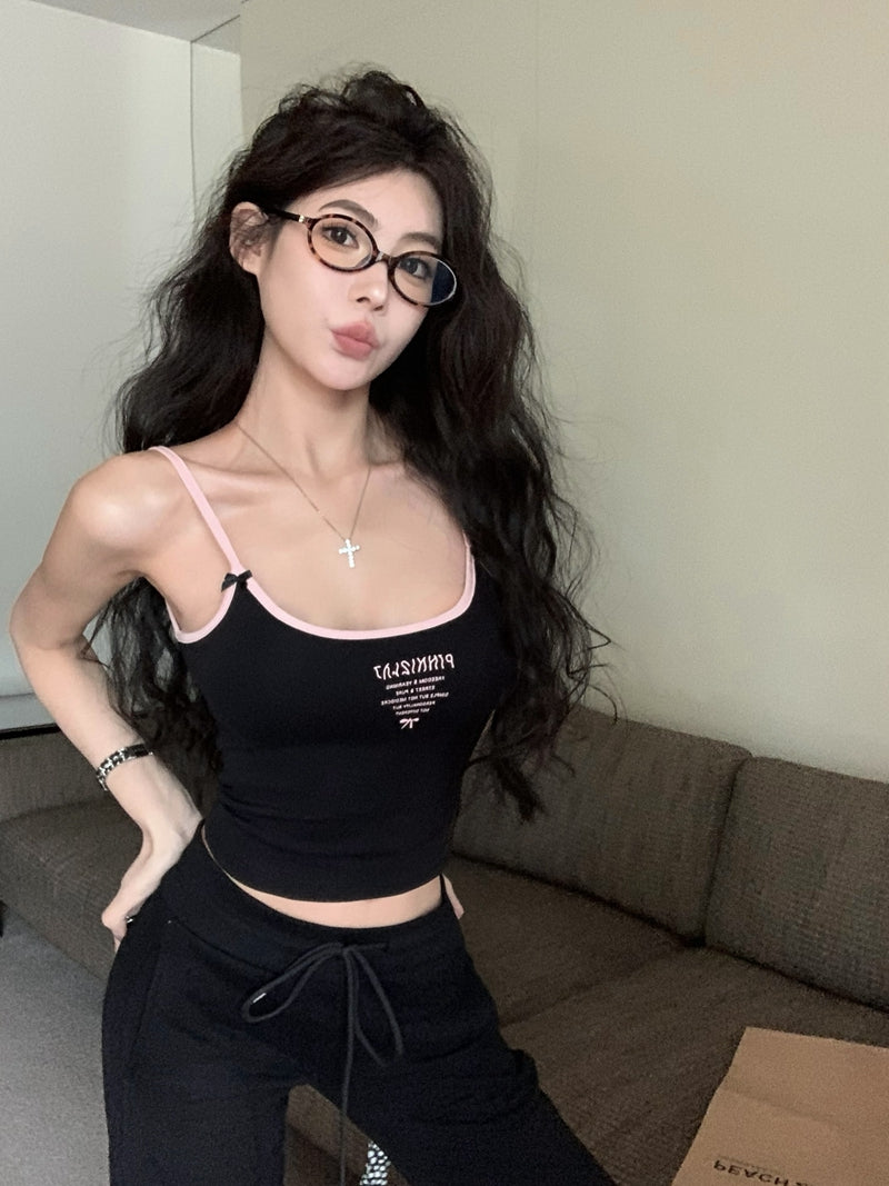 💕辣妹修身顯瘦蝴蝶結字母印花短款吊帶背心上衣
