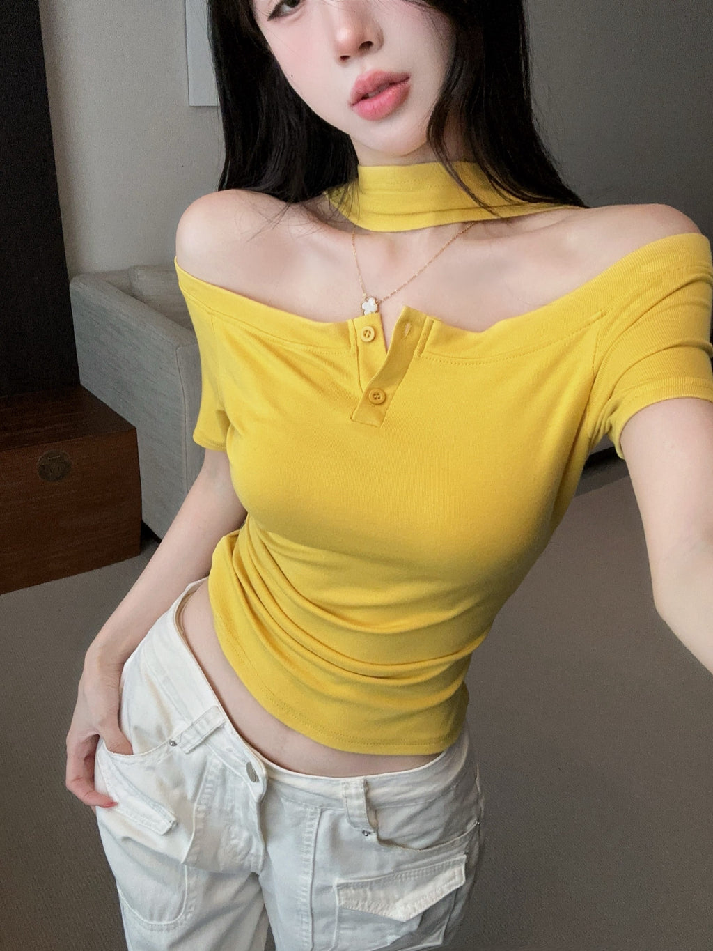 💕氣質設計感掛脖一字肩上衣