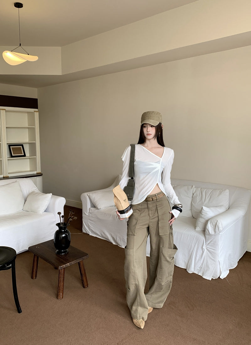 💕chic復古不規則斜領長袖短款不對襯上衣