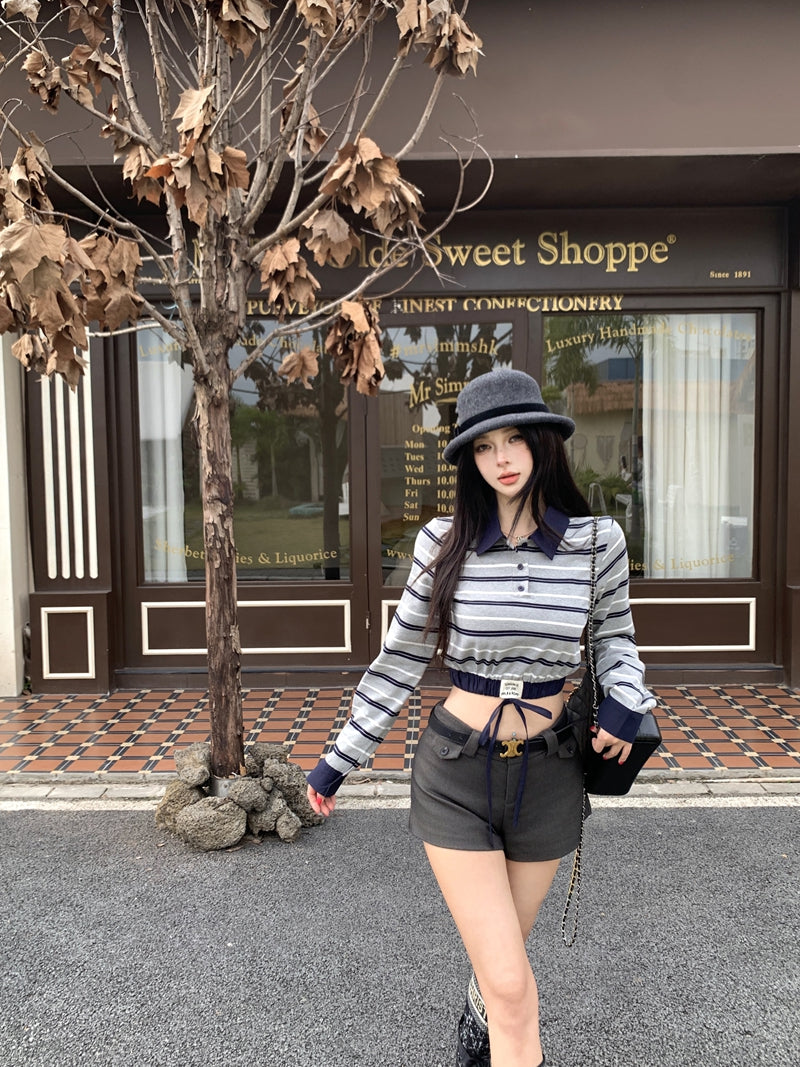 💕復古時尚撞色條紋拼接POLO長袖上衣