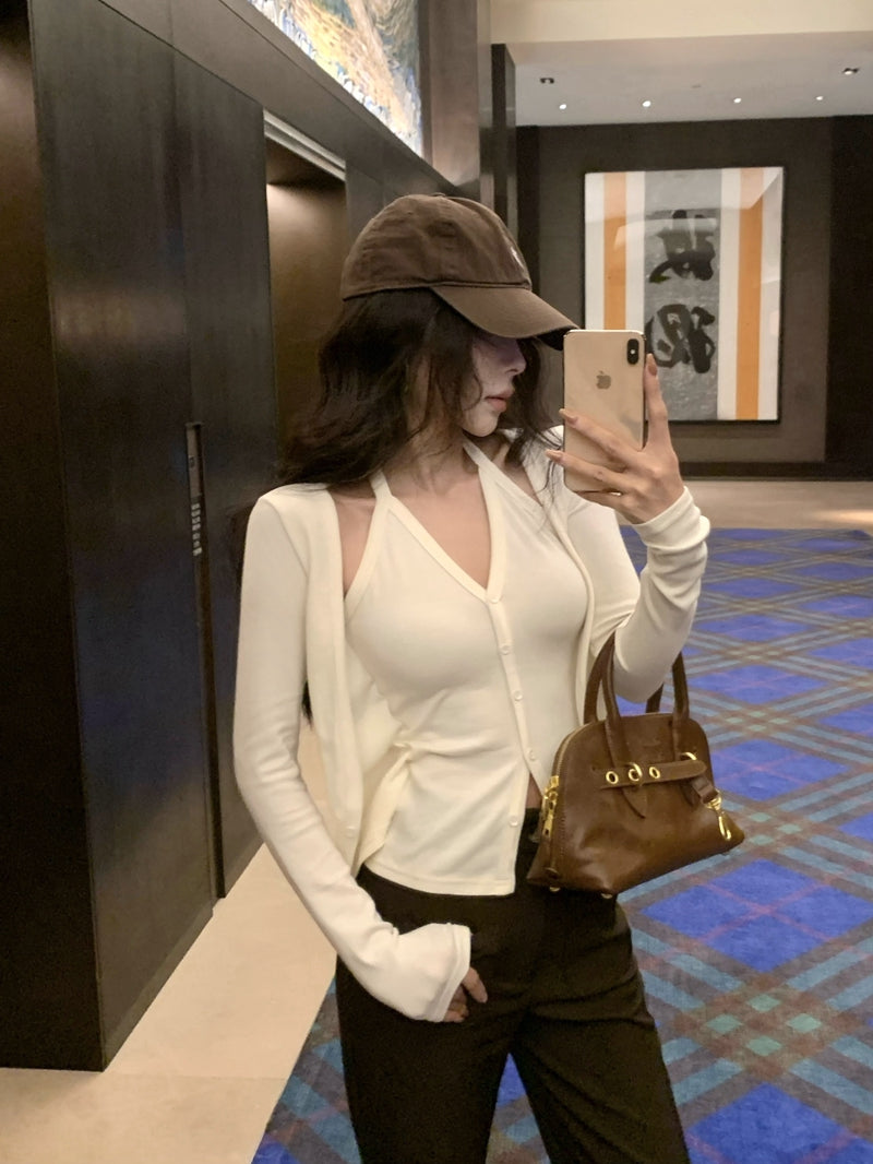 💕秋冬性感吊帶掛脖顯瘦假兩件打底上衣