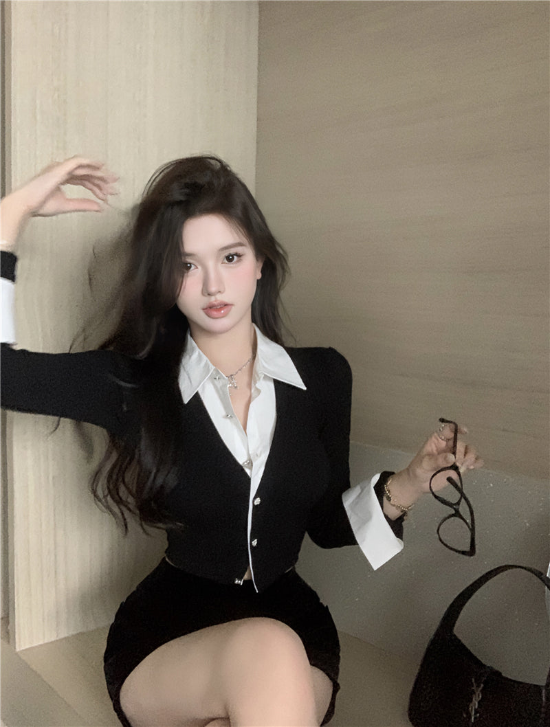 💕純御辣妹修身短款黑色假兩件長袖襯衫