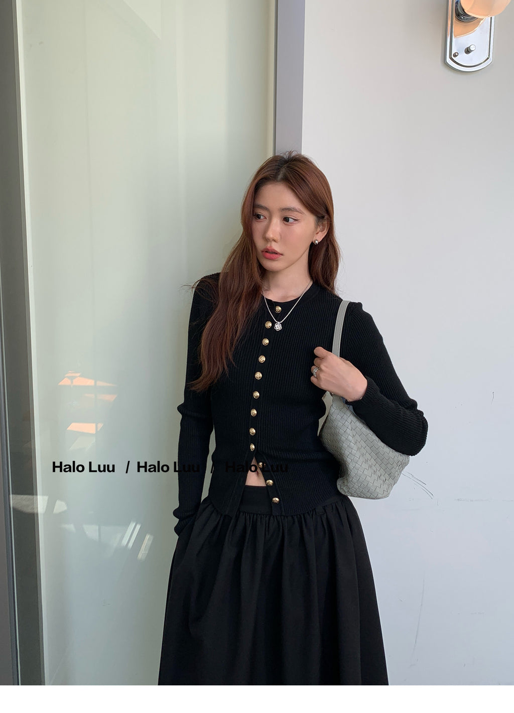 💕miu系氣質黑色金扣針織上衣