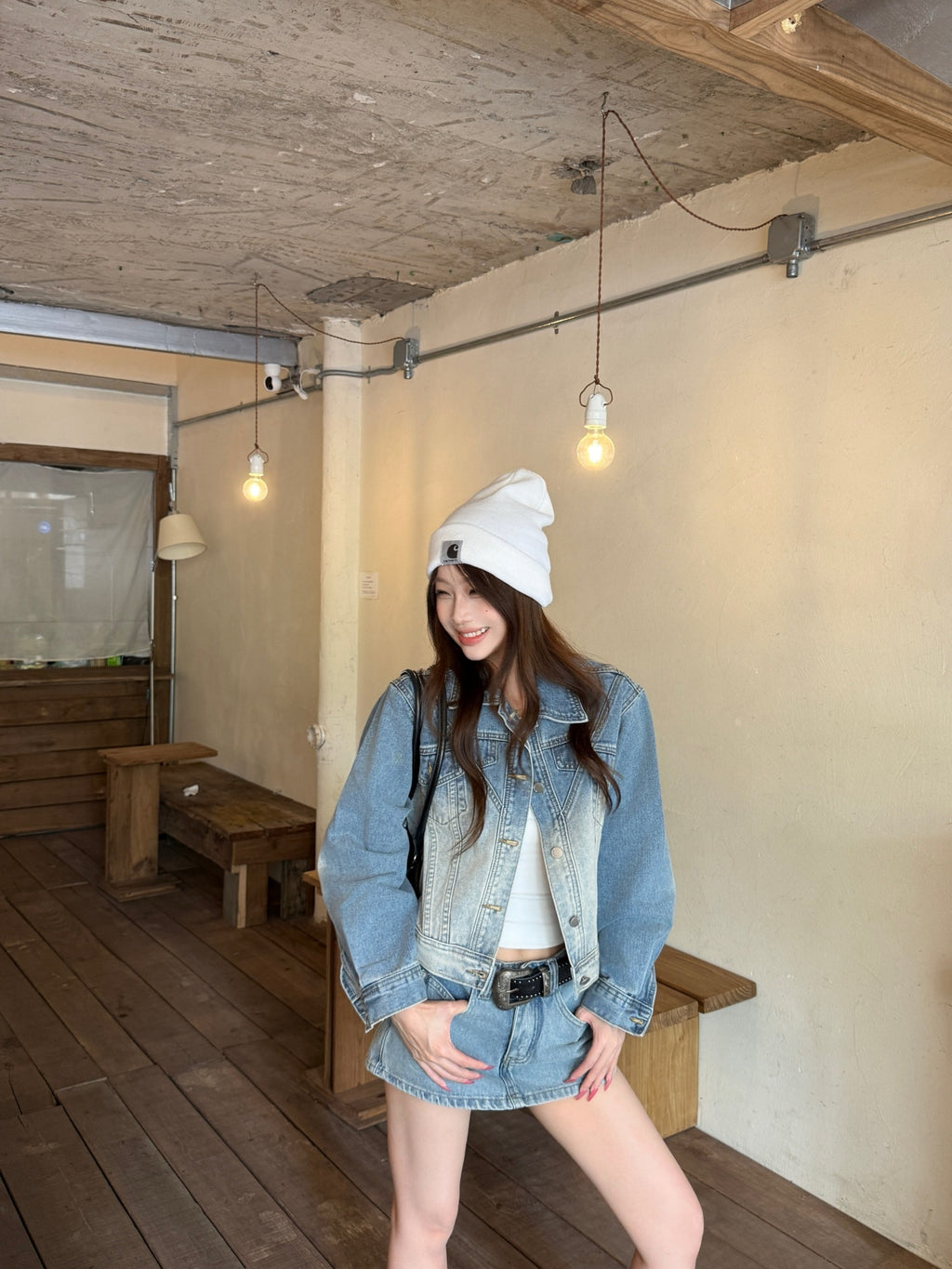 💕韓系高級復古水洗磨白漸變短款牛仔外套
