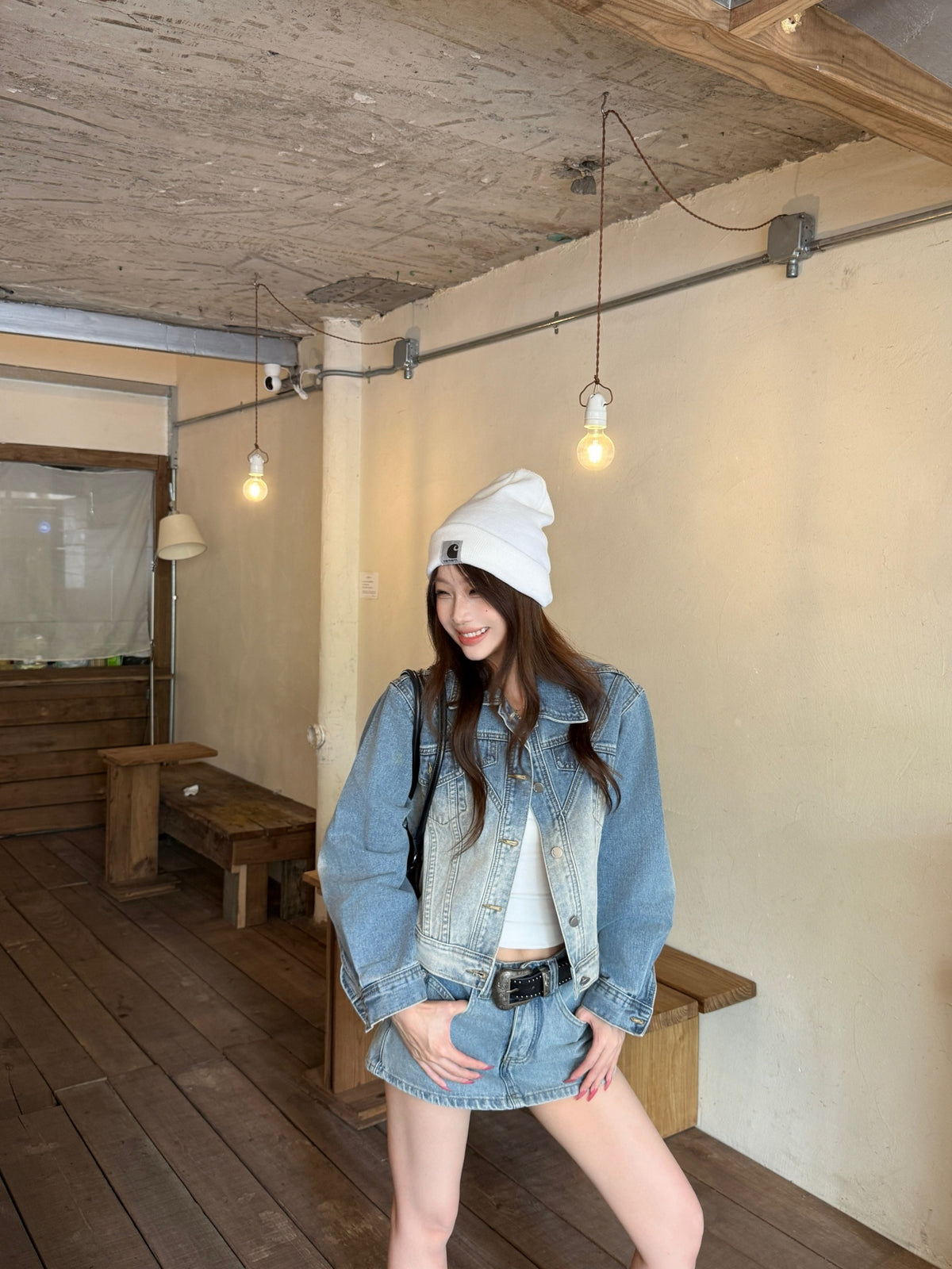 💕韓系高級復古水洗磨白漸變短款牛仔外套