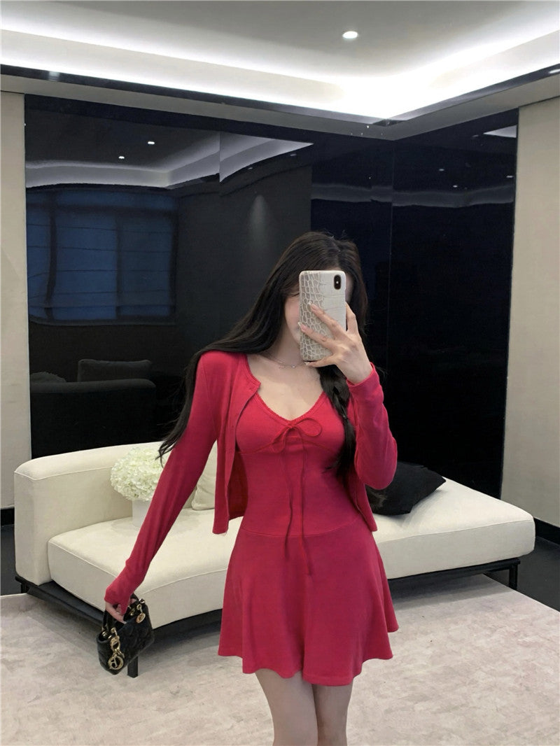 💕休閒氣質純色開衫收腰吊帶連衣裙兩件套