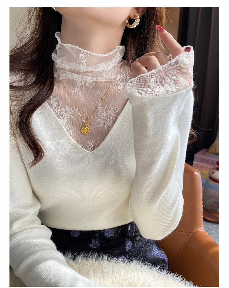 💕白色V領假兩件蕾絲打底衫上衣