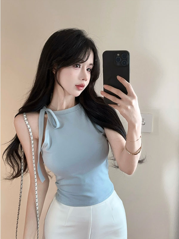 💕法式優雅飄帶蝴蝶結短版上衣