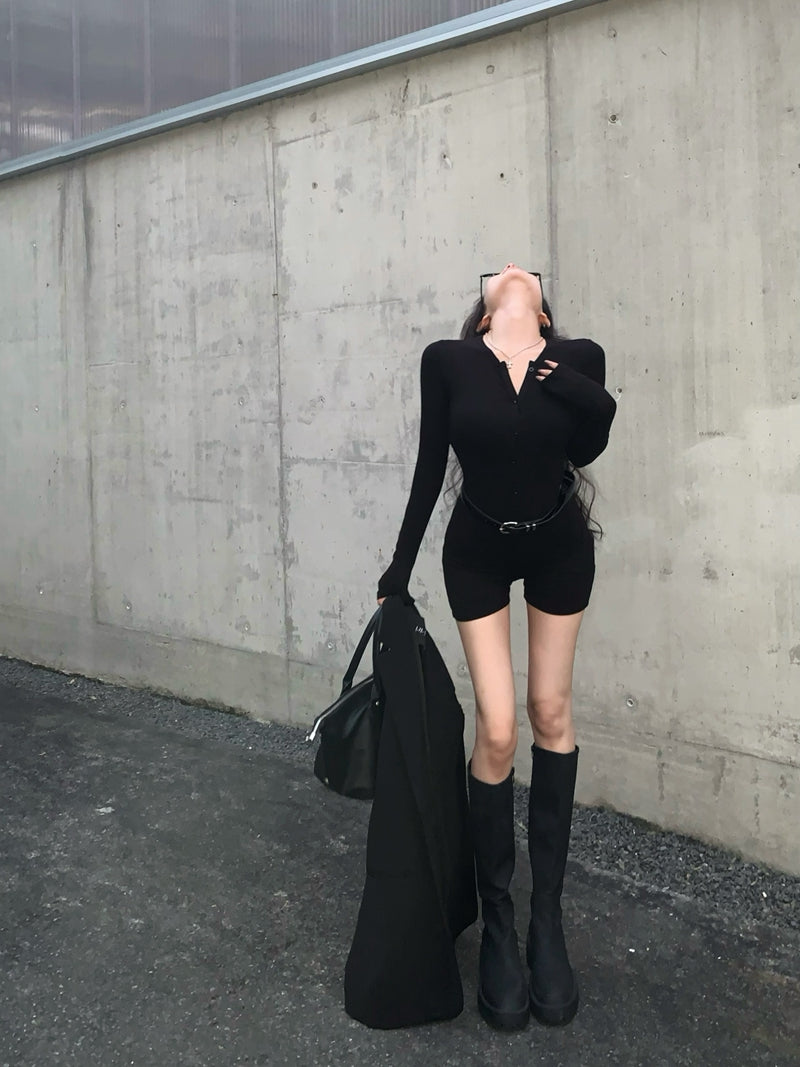 💕辣妹V領顯瘦緊身連體運動短褲