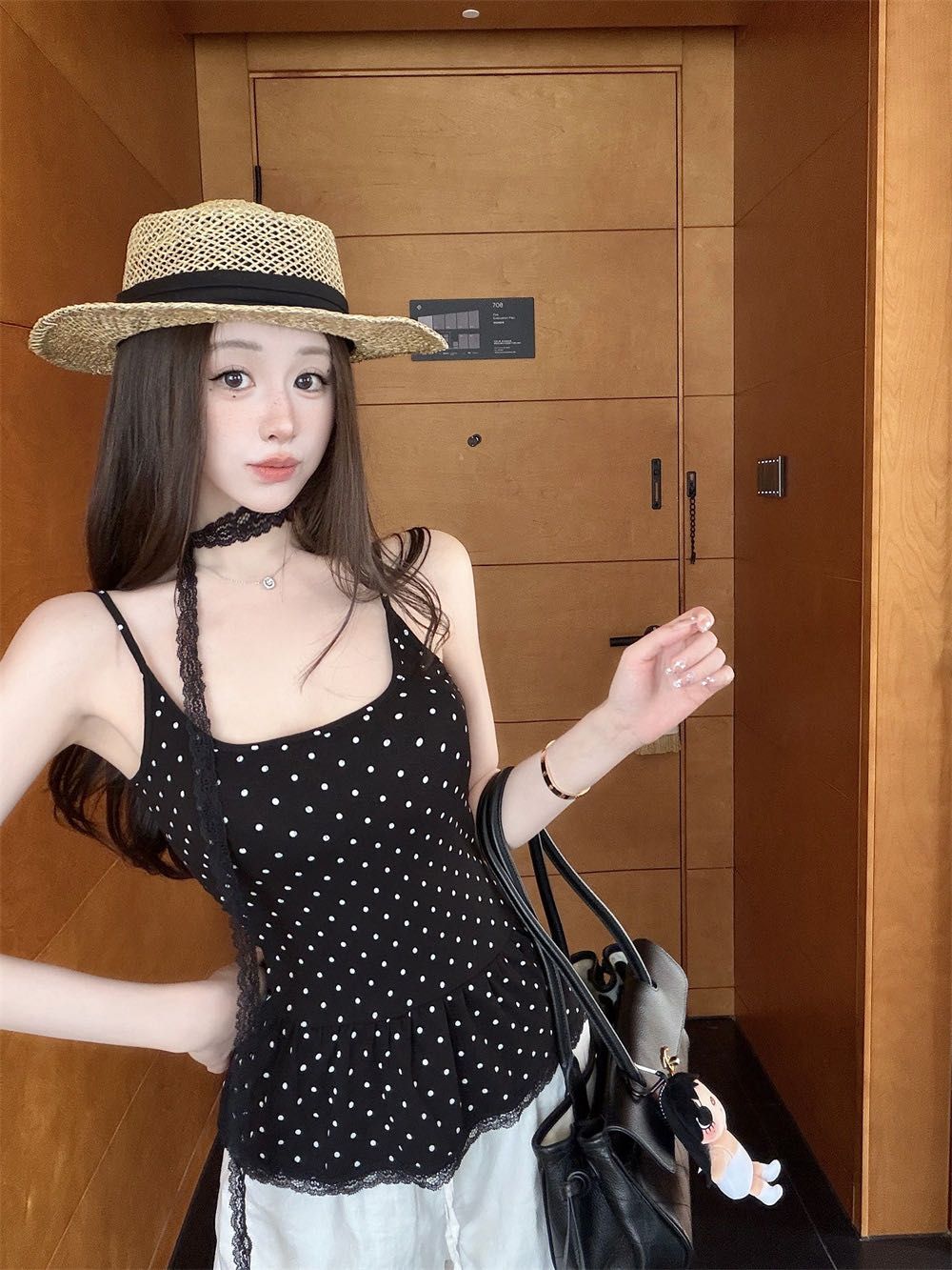 💕帶胸墊純欲交叉吊帶美背點點顯瘦修身上衣