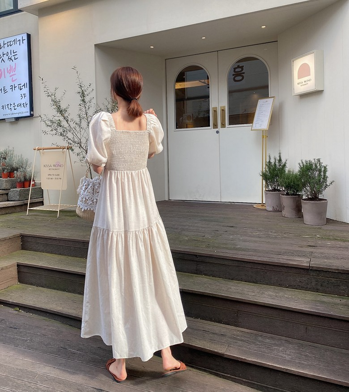 💕chic法式氣質方領露肩泡泡袖休閒度假長裙