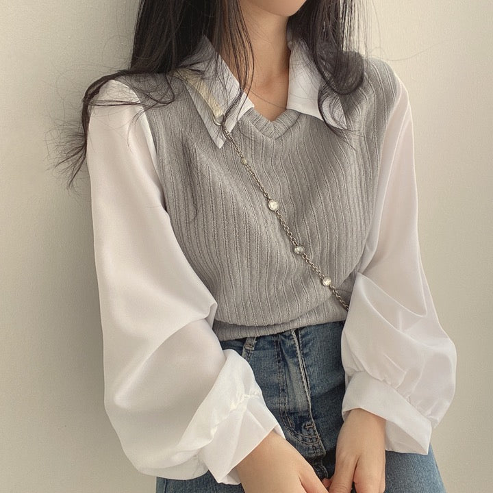 💕chic韓系假兩件拼接襯衫上衣