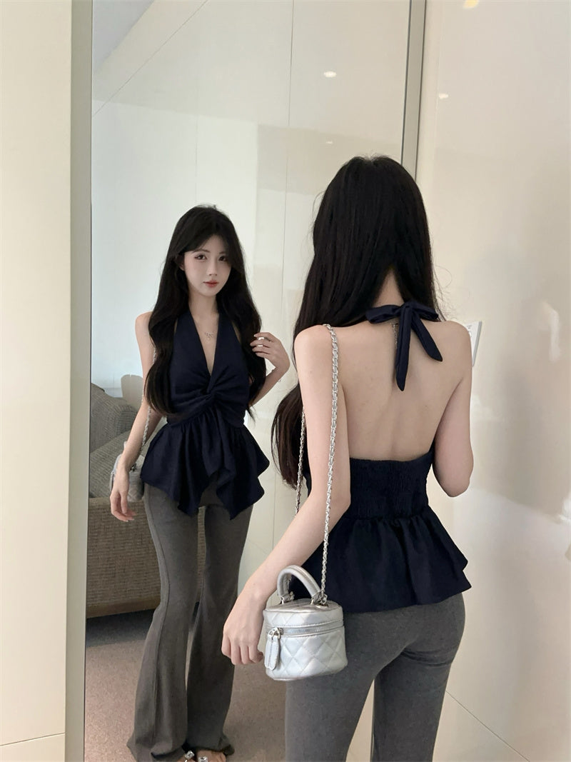 💕氣質深V牛仔掛脖露背顯瘦抹胸背心