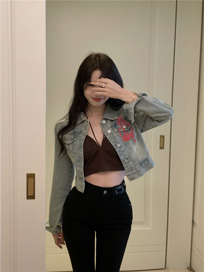💕美式甜酷塗鴉字母印花短款夾克牛仔外套