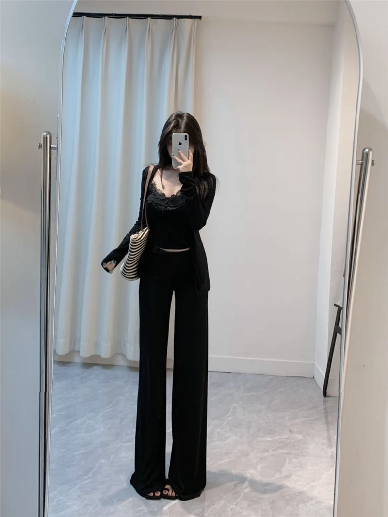💕溫柔帶胸墊蕾絲吊帶休閒三件套