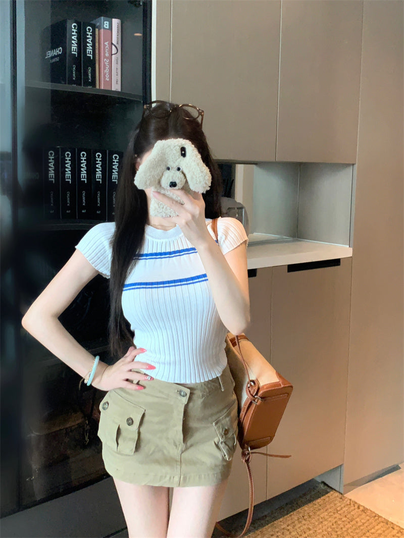 💕撞色條紋短袖針織圓領上衣