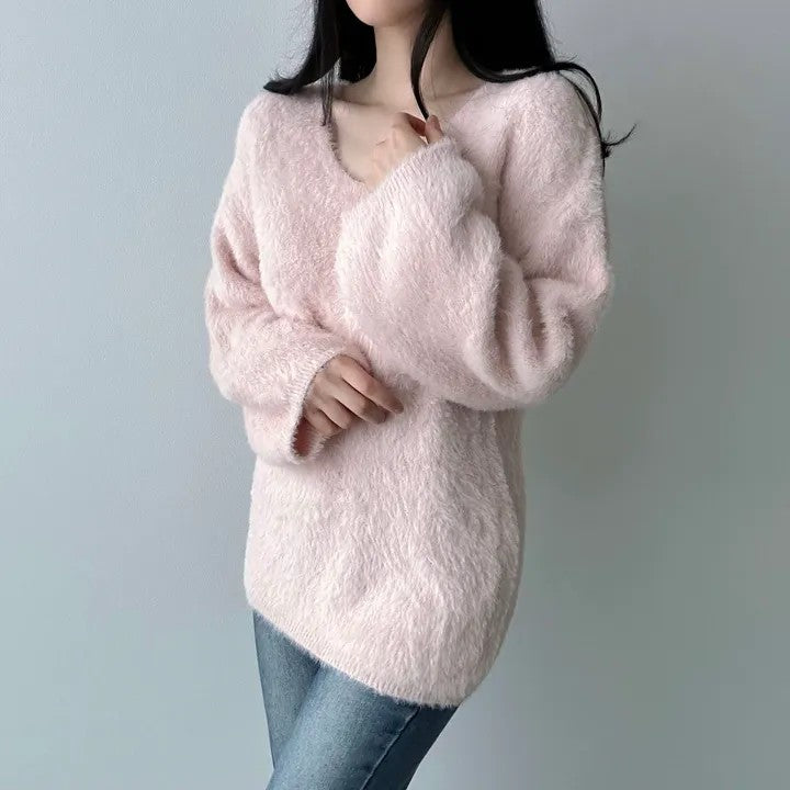 💕秋冬新款毛茸茸V領百搭毛衣上衣