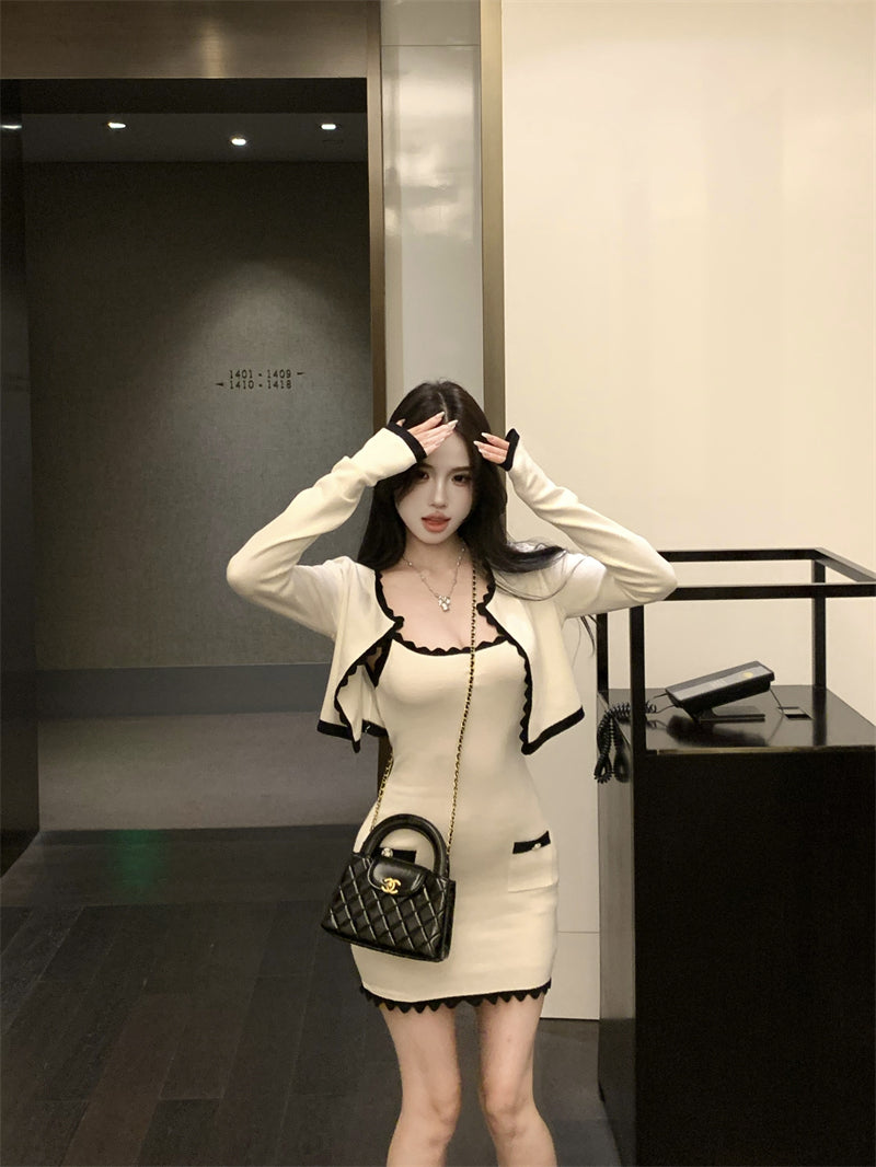 💕波浪邊撞色純欲氣質吊帶裙針織開衫套裝