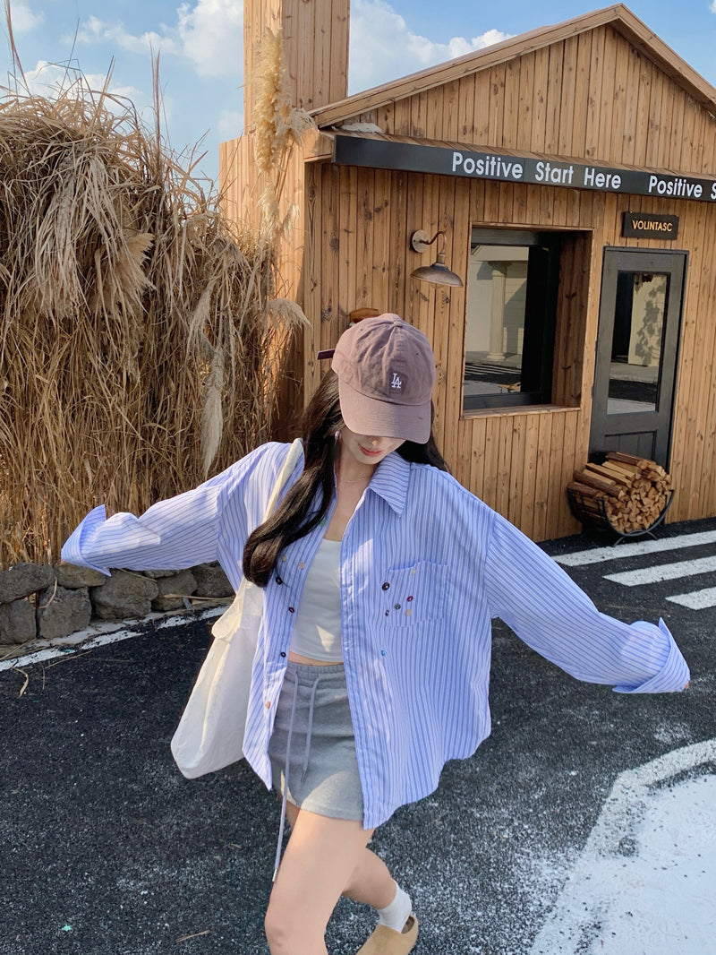💕青春寬鬆百搭別緻彩色鈕扣條紋襯衫