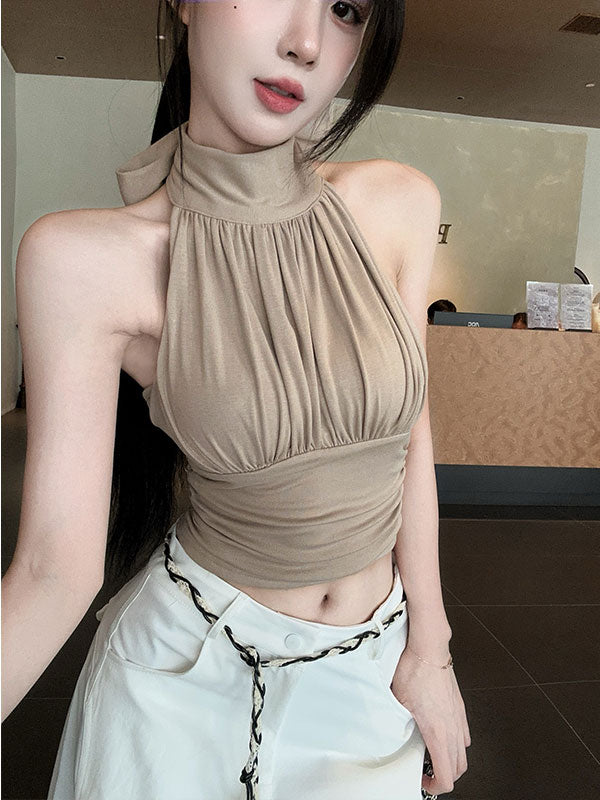 💕掛脖飄帶帶胸墊收腰無袖露肩上衣