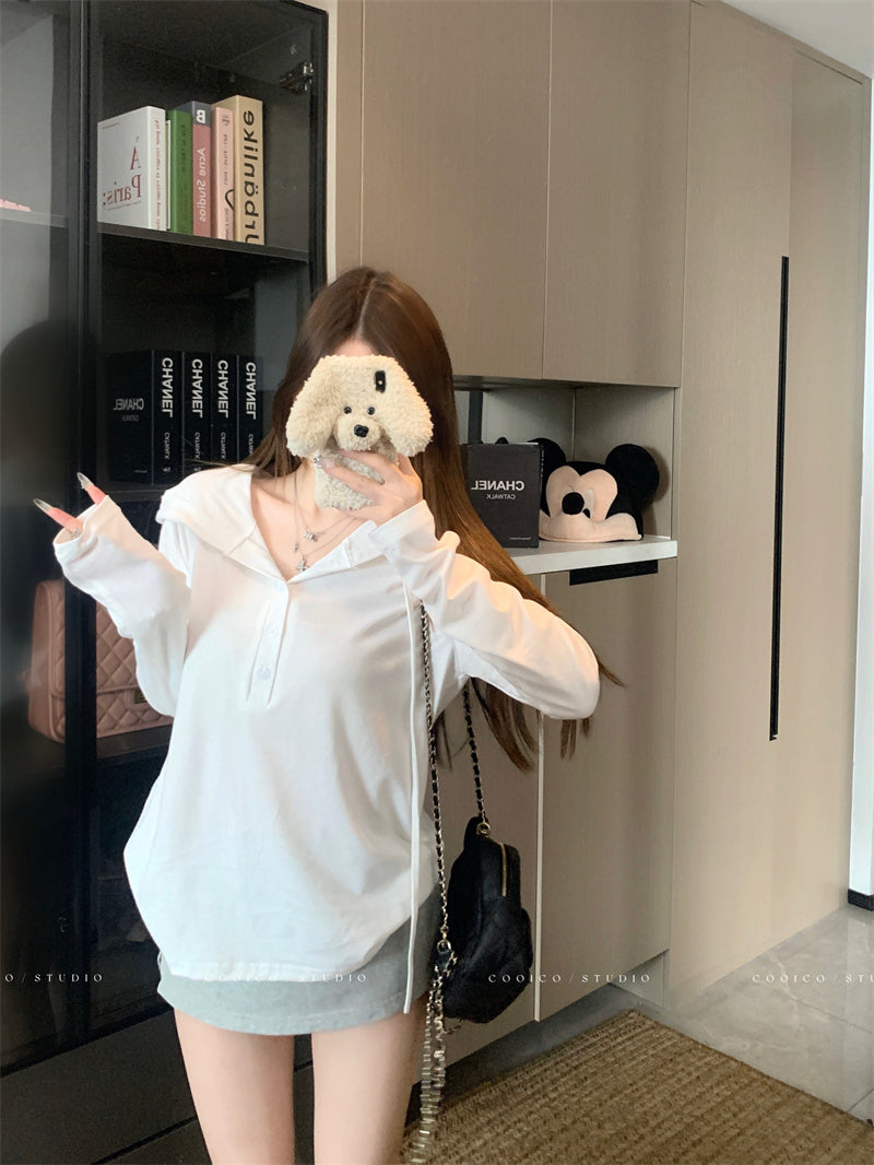 💕早秋鬆弛感鈕扣連帽長袖上衣