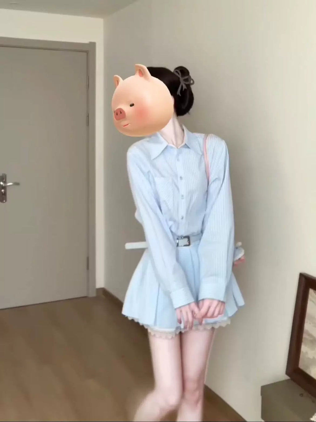 💕春夏小個子收腰有腰帶條紋襯衫連身裙