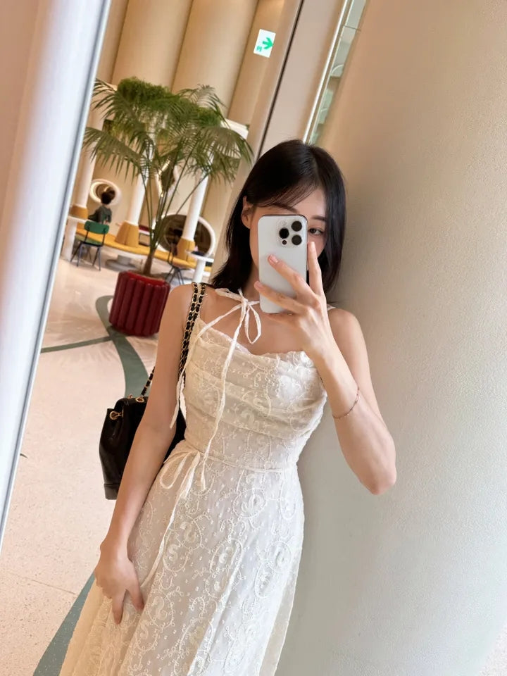 💕ihs系溫柔蕾絲性感露背鬆緊系帶收腰吊帶長裙