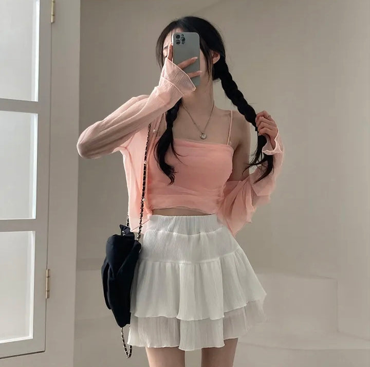 💕春夏防曬長袖雪紡開衫+網紗拼接針織吊帶