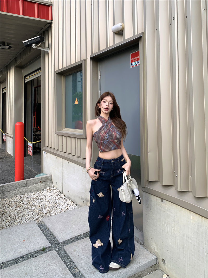 💕復古時尚小熊印花寬鬆闊腿牛仔褲