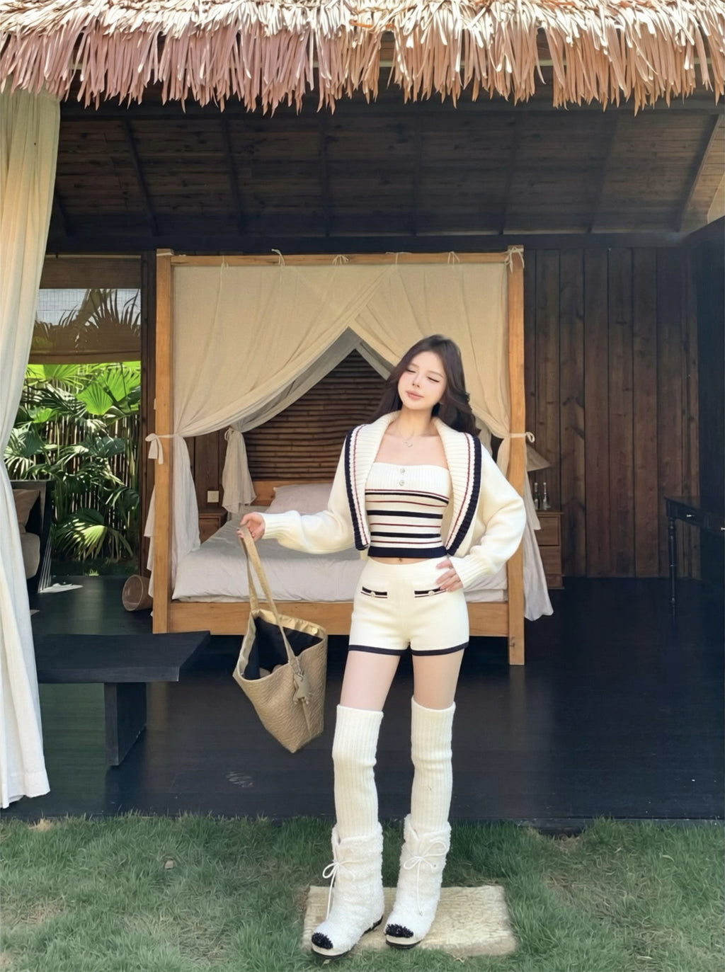 💕休閒慵懶條紋大翻領針織背心三件套