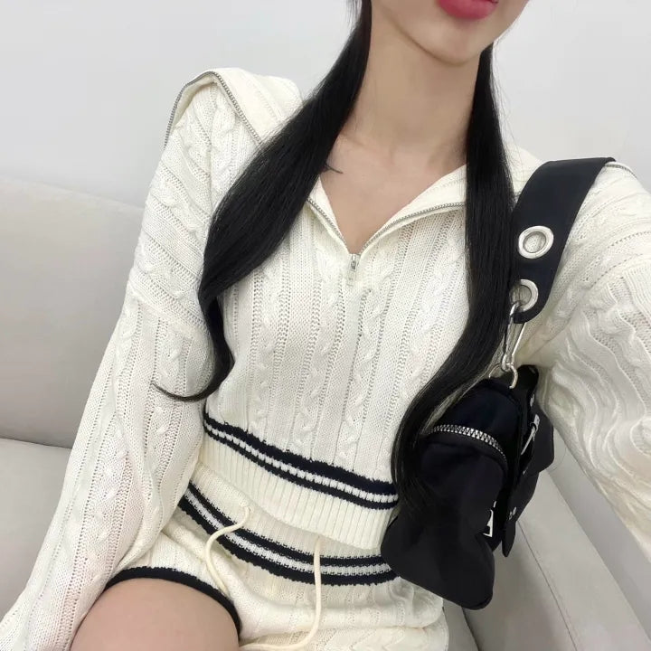 💕chic韓系秋冬簡約翻領毛衣兩件套