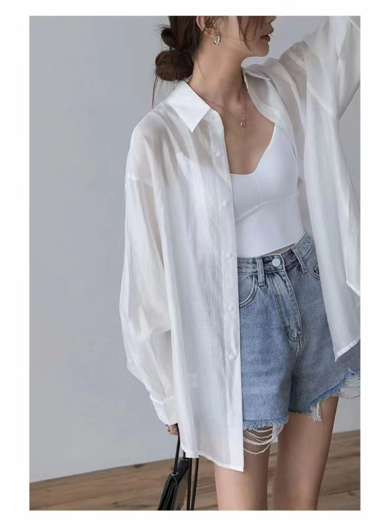 💕夏季天絲小眾薄款開衩防曬襯衫
