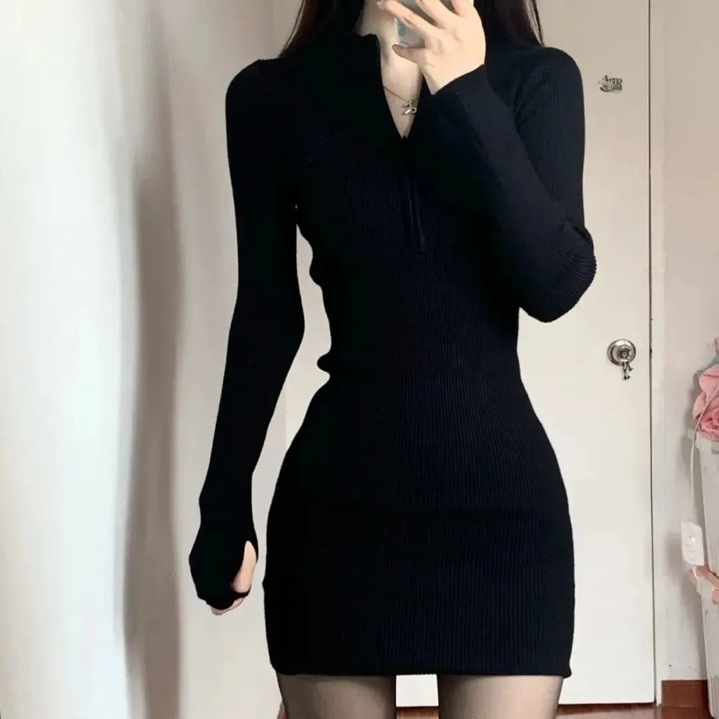 💕簡約百搭春秋翻領緊身包臀裙