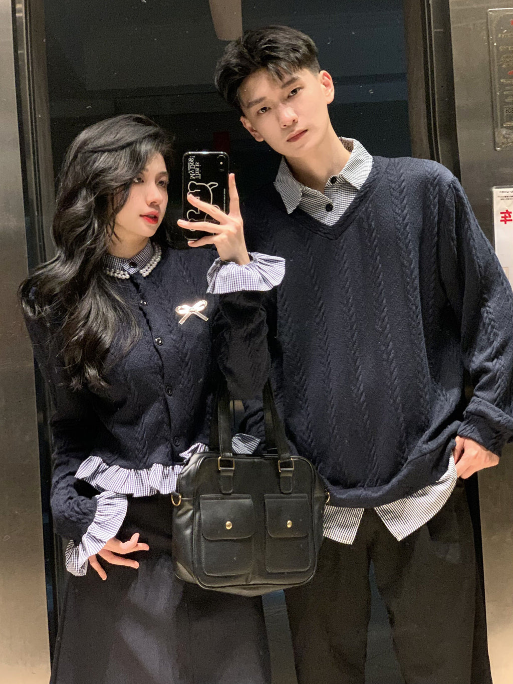 💕秋冬法式梨形長袖拼接假兩件情侶套裝