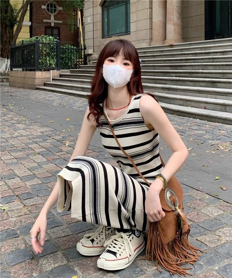💕韓系休閒條紋背心中長修身無袖連身裙
