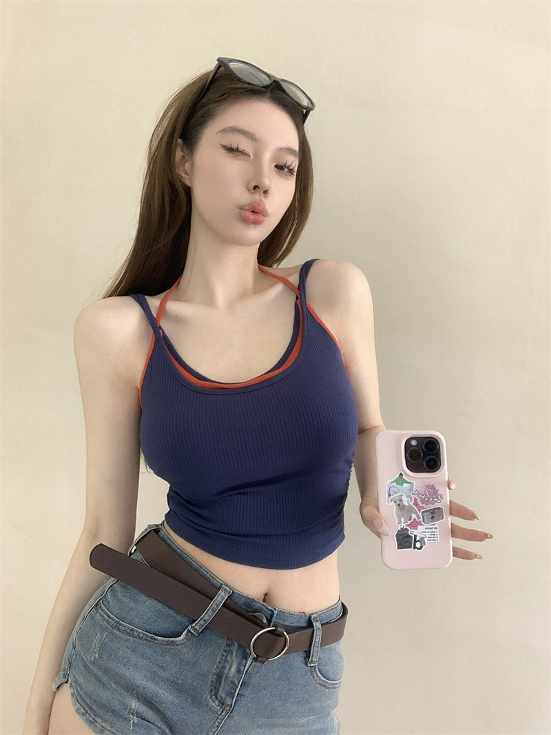 💕春夏熱辣假兩件帶胸墊吊帶背心