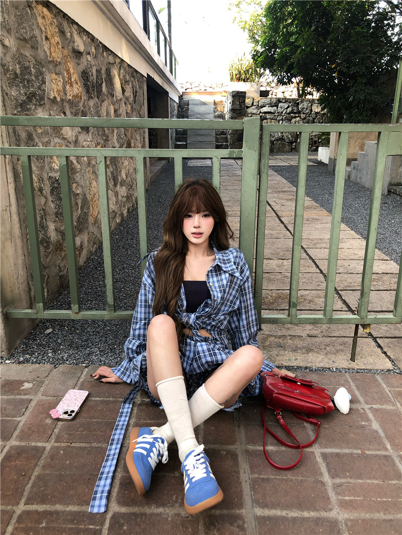 💕藍調風復古格紋襯衫短款褲裙兩件套